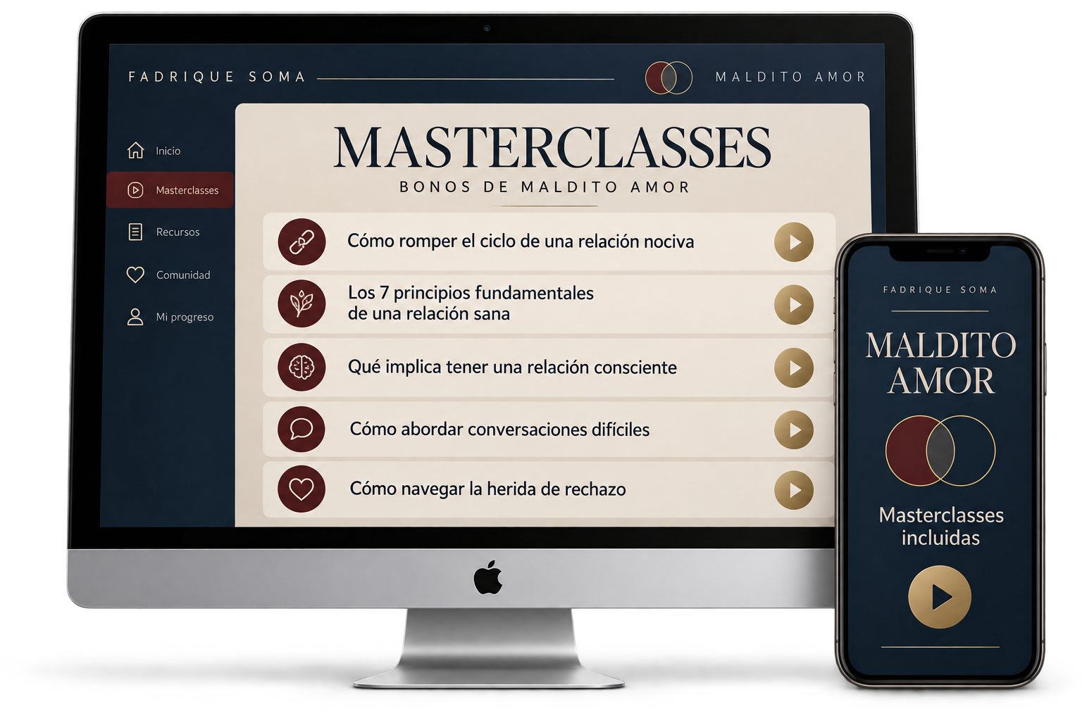 Representación conceptual de las cinco masterclasses en computadora y celular